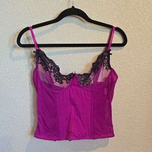 Dreamgirl Magenta Purple Mesh & Black Lace Corset Top - Size 38
